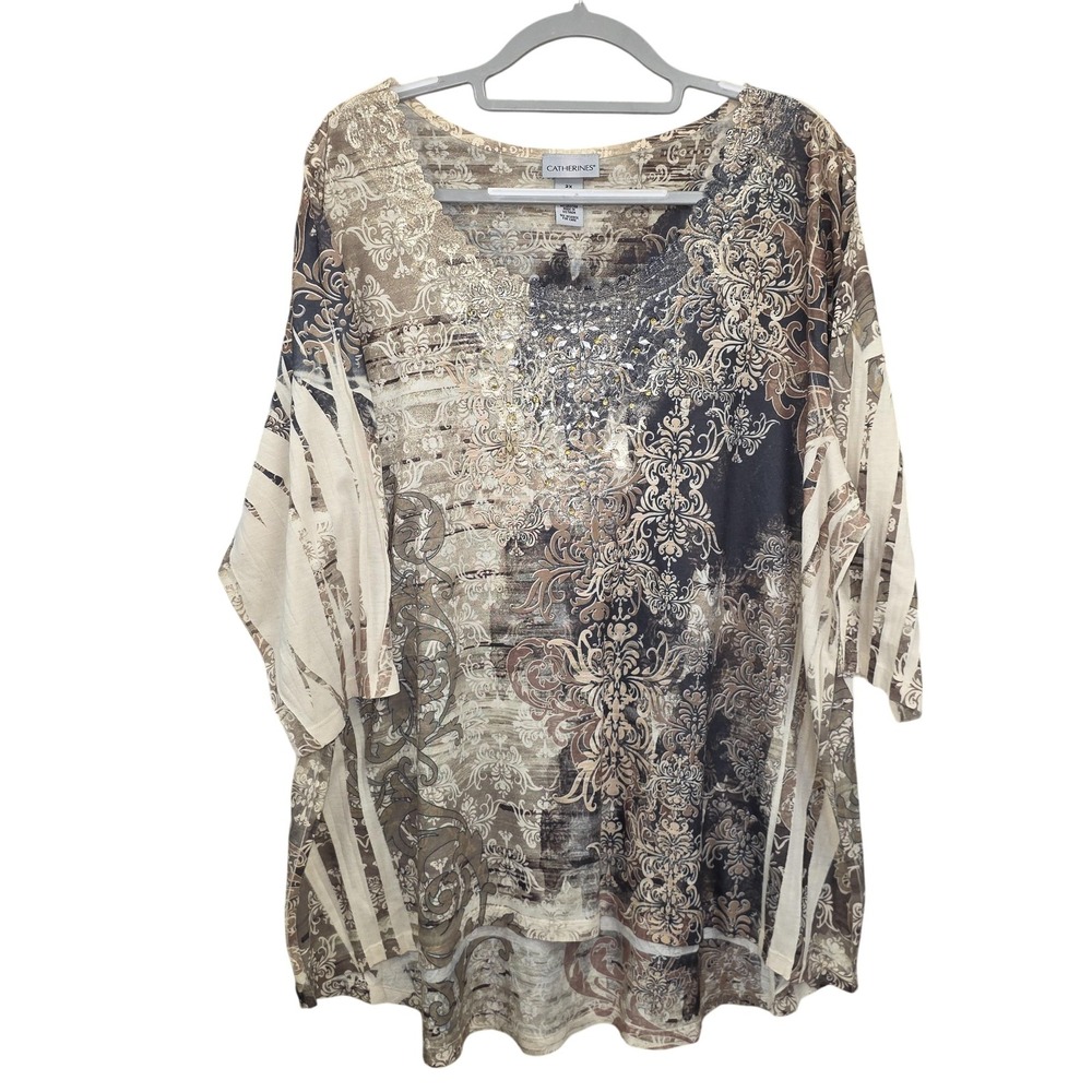 Catherines Tunic Top Women 2X 22/24W Brown Floral Rhinestone Neck 3/4 Sleeve